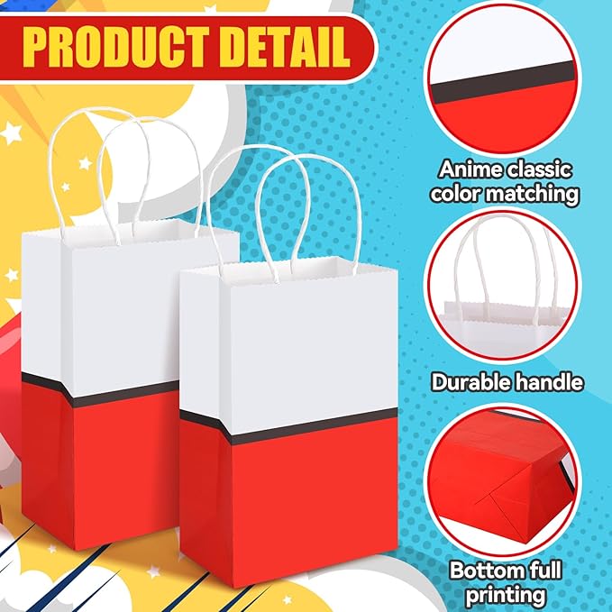 16 Pcs Cartoon Animation Party Gift Bags Red Kraft Treat Bags with Handle Birthday Party Supplies Paper Goodie Container 8.25 x 5.25 x 3 Inches for Birthday Theme Supplies Baby Shower Decorations Candy