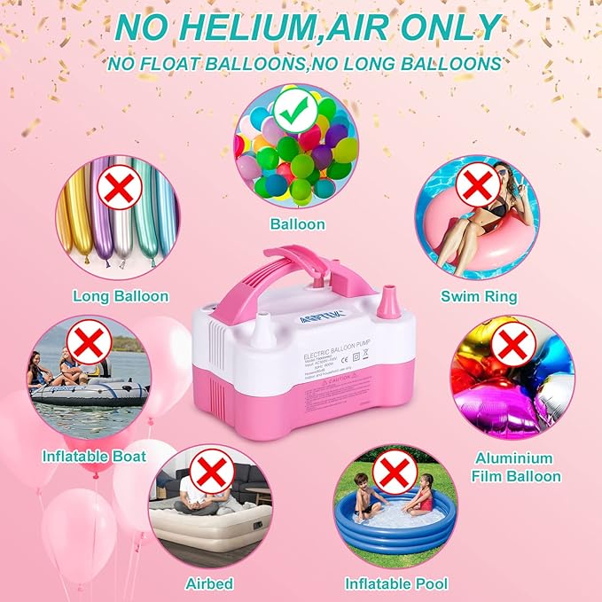 AGPtEK Electric Air Balloon Pump with Built-in Tying Tool, 110V 600W Pink and White Portable Dual Nozzle Inflator/Blower for Party Decoration with Tying Tool on Handle