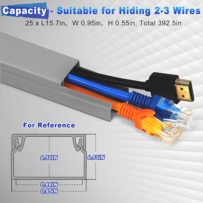 Wire Covers for Cords Kit-392.5in Wire Hiders for TV on Wall, Cord Cover Wall, Cord Hider Wall Mounted TV, TV Cable Hider Wall Kit for Wire Cover, Cord Concealer, 25 x L15.7 W 0.95H 0.55in, Grey