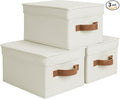 StorageWorks Storage Bins with Lids, Decorative Storage Boxes with Lid and PU Handles, Foldable Storage Baskets for Closet, Shelves, Stackable, Ivory, Medium, 3-Pack