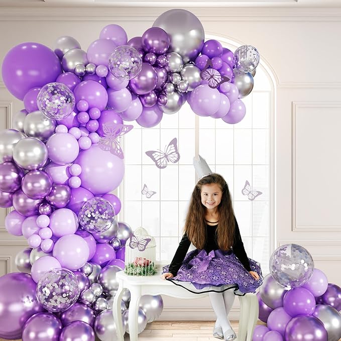 147pcs Purple and Silver Balloon Arch Kit, 18 12 10 5inch Light Purple Metallic Silver Balloons for Butterfly Birthday Lavender Wedding Baby Shower Party Decoration