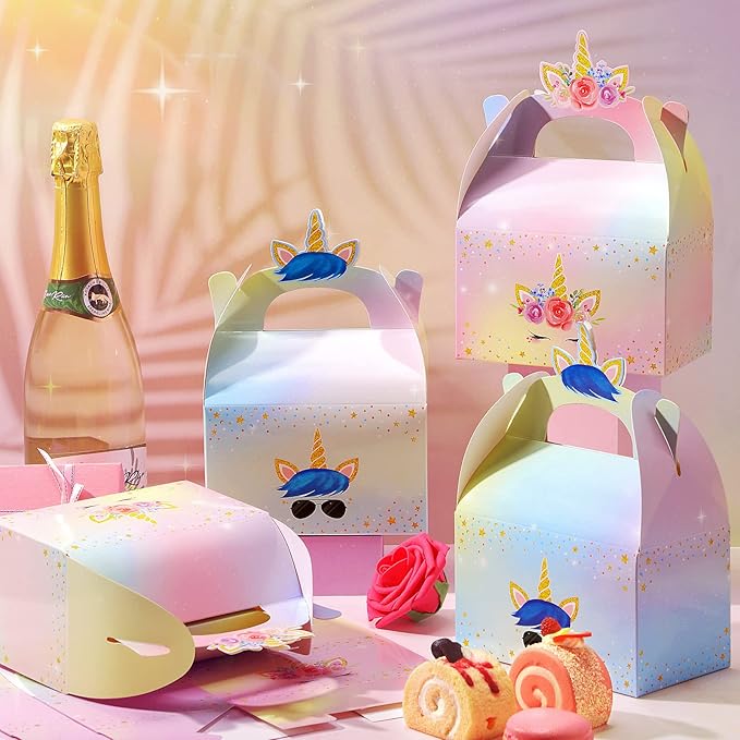 Leinuosen Unicorn Gift Boxes - Rainbow Theme Candy Treat Boxes for Girls & Boys Kids Birthday Party Decorations (Unicorn, 24 Pieces)