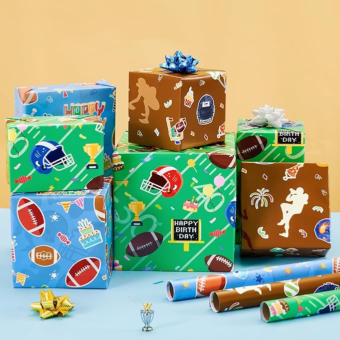 WERNNSAI Football Wrapping Paper Rolls - 3 Short Rolls Sports Gift Wrap Paper Kids for Kids Birthday Party Gift Packing Supply Green Brown Blue Wrapping Paper with Cut Lines 17 in x 10 ft