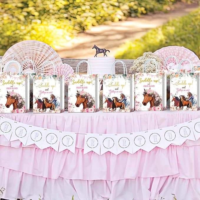 Tyndallrays 16 Pieces Horse Goodie Bags for Cowgirl Horse Birthday Party Supplies,Saddle Up and Gallop On Over Pink Floral Horse Gift Snacks Treat Candy Party Favors Bags with Handles