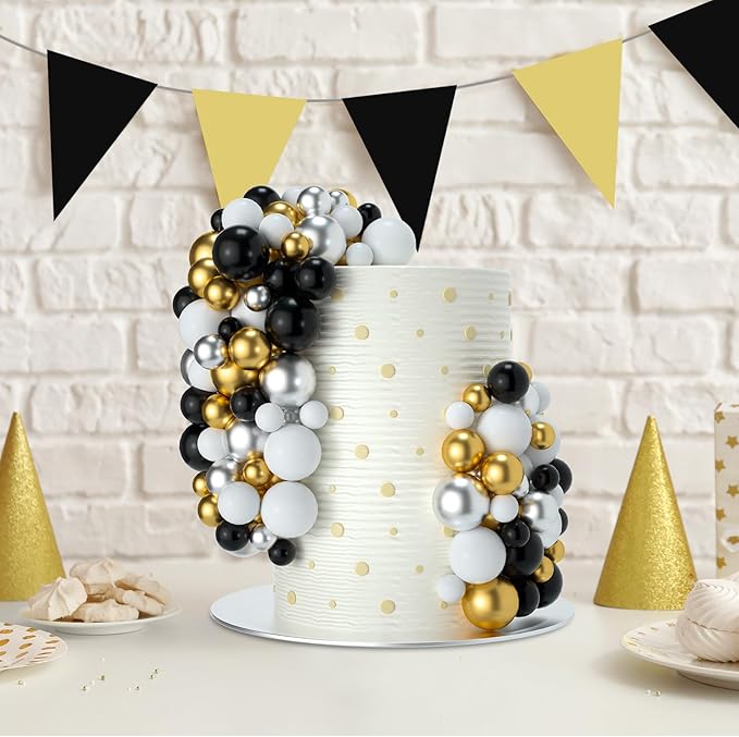 NACHLYNN 80 Pcs Cake Balls Decorations Mini Balloon Cake Topper Balls Foam Cupcake Toppers Balls for Cake Decorating Birthday Parties Weddings Anniversary (Black Silver Gold Series)