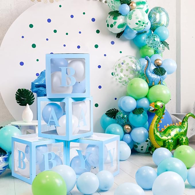 Voircoloria Baby Boxes with 42pcs Letters for Baby Shower Transparent Balloon Boxes Clear Balloon Box Blocks for Boy Girl Gender Reveal Party and Birthday Party (Blue)