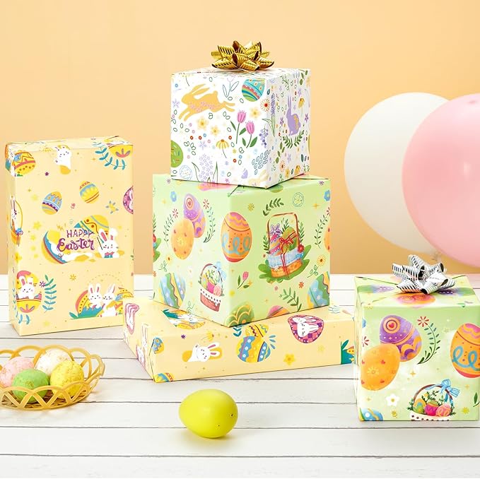 WERNNSAI Easter Wrapping Paper Roll - 3 Roll 17” x 120” Easter Gift Wrapping Paper for Kids Easter Bunny Wrapping Paper Yellow Green Easter Eggs Wrapping Paper Easter Decor Baby Wrap Festival Supply