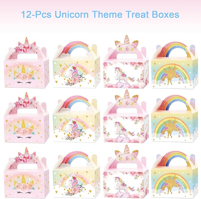 Tevxj 12 Pack Unicorn Party Favor Treat Boxes Unicorn Goodies Gift Boxes Party Supplies Birthday Bags Pastel Rainbow Theme Candy Bag for Girls Birthday Kids Decoration 6 x 3 x 3.5 Inches