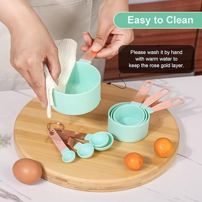 8-Piece Stackable Rose Gold Stainless Steel Handled Measuring Cups and Spoons for Measuring Dry and Liquid Ingredients (Pink)