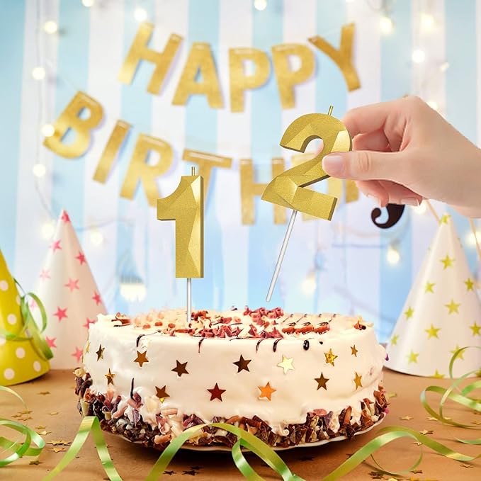 Number Birthday Candles(13 Candle Gold) 3D Diamond Shape Number Happy Birthday Cake Candles for Birthday Party Wedding Decoration Reunions Theme Party