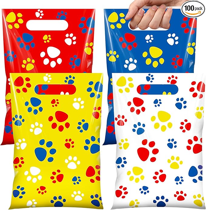 Pasimy 100 Pcs Dog Paw Gift Bags Bulk Pet Paw Puppy Plastic Treat Favor Candy Goodie Bags with Handle for Dog Birthday Party Decoration Supplies (Dark Blue Yellow Red)