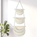 Macrame 3-Tier Hanging Wall Basket, Handwoven Jute Storage Organizer, Boho Decor for Kitchen, Bathroom, Living Room, Natural Cotton Rope Fruit Holder (White)