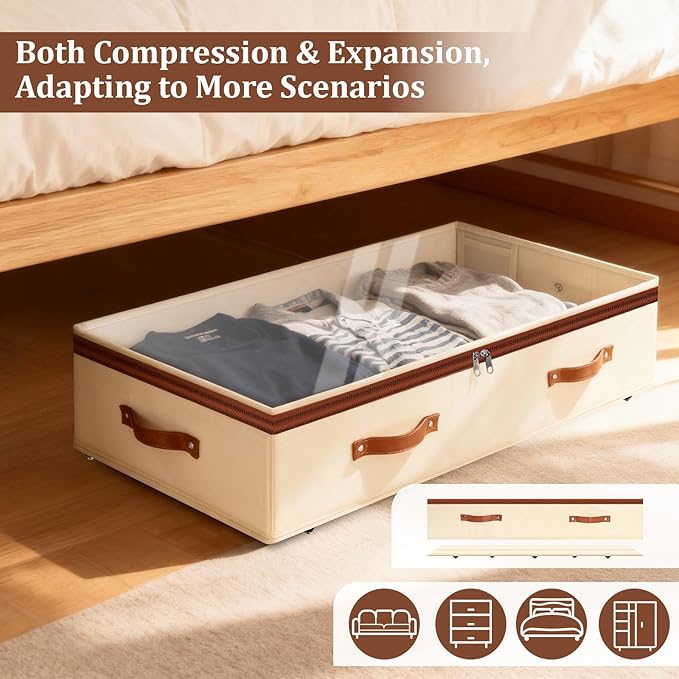Dolicer 4 Pack Under Bed Storage with Wheels, 6in-10in Height Adjustable Underbed Storage Containers, 92L XXXL Under Bed Drawers Rolling Bin with Clear Lids for Dorm Shoes Clothes Organizers(Beige)