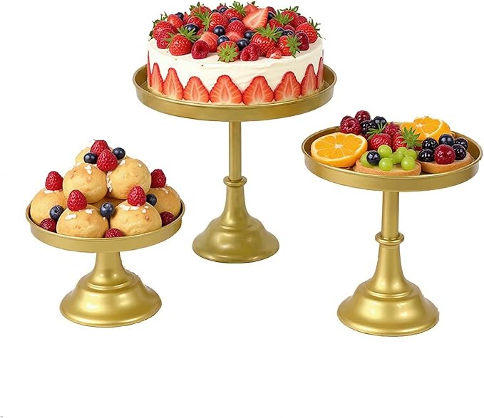 3 Pcs Metal Round Cake Stand Set 8“10”12" Cake Display Stand Dessert Cupcake Display Tray for Graduation,Wedding,Birthday,Party,Baby Shower,Anniversary,Ceremony,Christmas (Gold)