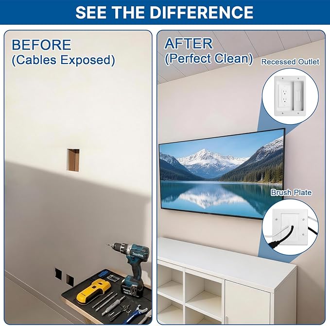 in Wall Cable Management Kit with 9.8ft Power Extension Cord, TV Cord Hider for Wall Mounted TVs, Recessed Cable Concealer with Brush Wall Plate, 15A/125V Dual Receptacle and Drywall Saw