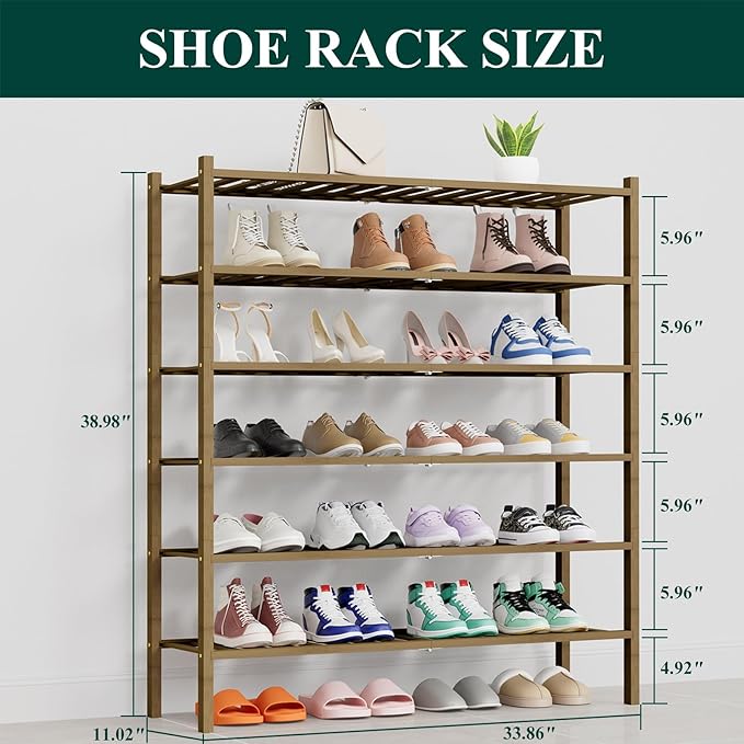 Smiry Long Bamboo Shoe Rack, 6 Tier Free Standing Wooden Shoe Organizer, Stackable Wood Shoe Storage Shelf for Closet, Entryway, 14 Vertical Slats, 2+2+2 Stack Thicker Legs, 33.7"x11"x39", Walnut