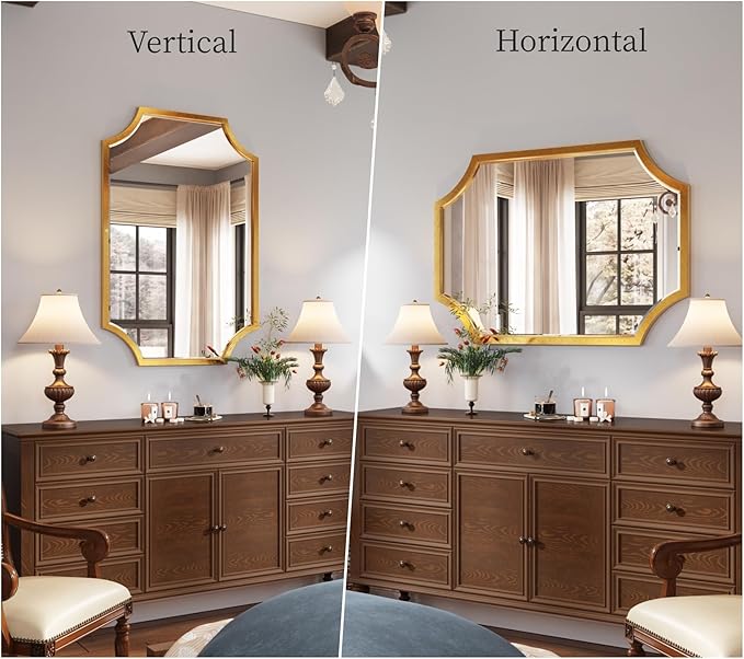 Kelly Miller Small Gold Mirror for Wall, 20"x28" Gold Bathroom Vanity Mirror Scalloped Mirror Decorative Wall Mirror Beveled for Master Bath Half Bath Living Room Bedroom Fireplace Mantle Entryway