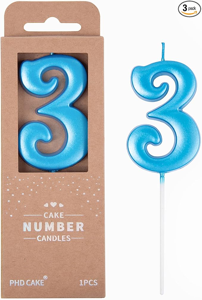 PHD CAKE 2.76 Inch Elegant Blue 3 Number Birthday Candles, Blue Number Candles, Cake Number Candles, Party Celebration