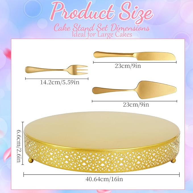 1 Pcs Gold Cake Standwith Cake Forks Knife and Server 16 Inch Round Cookies Serving Tray Wedding Cupcake Display Holder Large Metal Cupcake Dessert Stand for Baby Shower Birthday Party