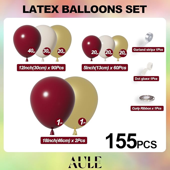 AULE Burgundy Balloon Arch Kit 155Pcs Burgundy Gold Sand White Maroon Balloons Garland for Birthday Wedding Graduation Anniversary Bridal Shower Theme Party Decoration