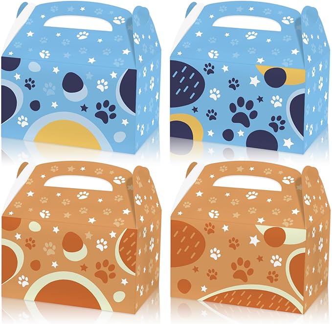 Beehaam 24 Pack Blue Dog Party Favor Treat Boxes, Cartoon Dog Paw Theme Gable Gift Bags, Large Candy Goodie Cake Snack Paper Bags for Happy Birthday Baby Shower Party Decorations Supplies
