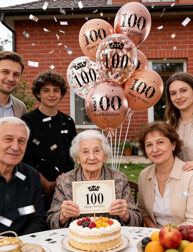 Rose Gold Birthday Balloons Decorations - 24 Pcs 100th Birthday Balloons for Women, Pearl Metallic Rose Gold Balloon, Glitter Confetti Balloon for 100 Years Old Hbd Anniversary Party Decoration