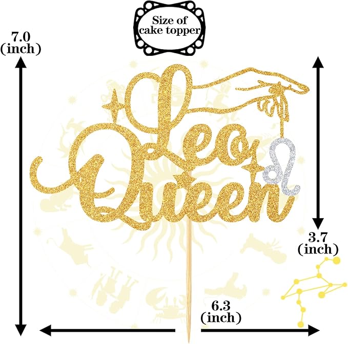 Leo Queen Cake Topper, Big Leo Energy/Leo Season Cake Decor in July August, 12 Zodiac Constellation Leo Birthday Party Decoration Supplies for Women, Gold Glitter