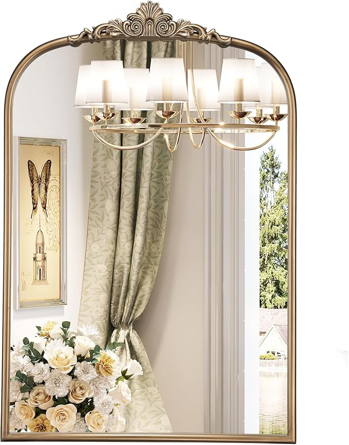 24" x 36" Antique Gold Arched Mirror for Wall, Vintage Brass Bathroom Mirror with Metal Frame, Bronze Ornate Gold Vanity Mirror for Entryway, Mantel, Powder Room