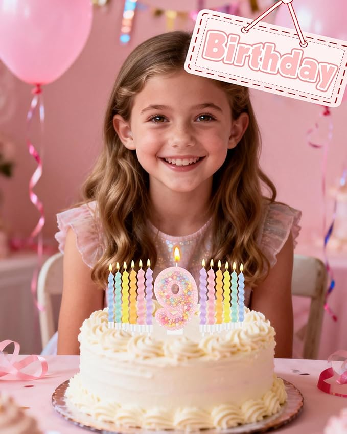 Birthday Candles for Cake, Macaron Number Candles, Cake Candles with Greeting Card for Birthday Party Wedding Anniversary Celebrations (9 Candle)