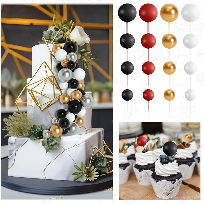 138 Pcs Balls Cake Topper Decorations Balloon Cupcake Toppers Foam Multisize Cake Topper Balls for Birthday Party Wedding Anniversary(Black,Red,White,Gold)