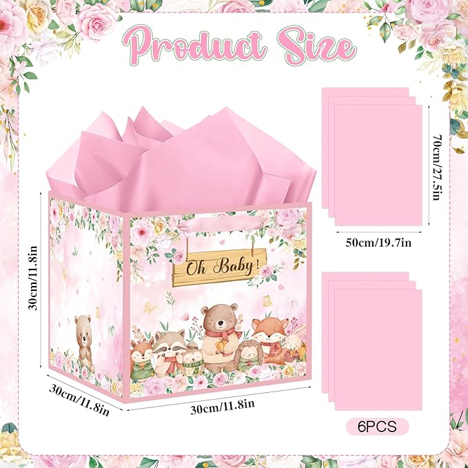 Extra Large Woodland Animal Baby Gift Bags for Girls, Pink Floral Woodland Square Gift Bag with Tissue Papers Jumbo Forest Animal Present Bag for New Baby Girls Gender Reveal Party Favors, 12*12 Inch