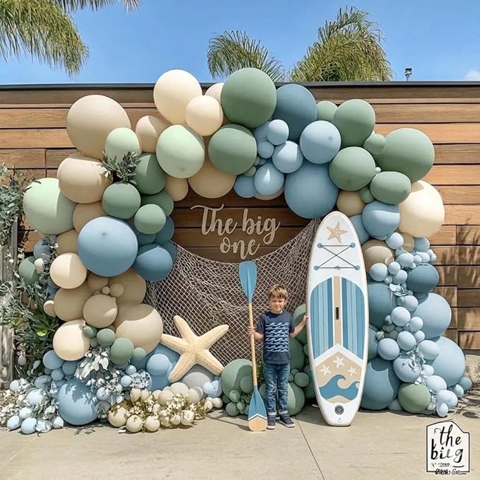 Dusty Blue Green Balloon Arch Kit Double Stuffed Pastel Light Sage Green Blue White Sand Beige Balloon Garland for Birthday Baby Shower Dinosaur Wedding Wild One Ocean Silly Goose Party Decoration