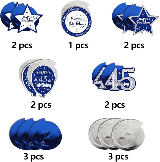 Happy 45th Birthday Blue & Silver Glitter Swirls Streamers Party Decorations - 15 Pcs 45th Birthday Hanging Swirls Streamers Kit,Perfect for 45th Bday Party Sign.