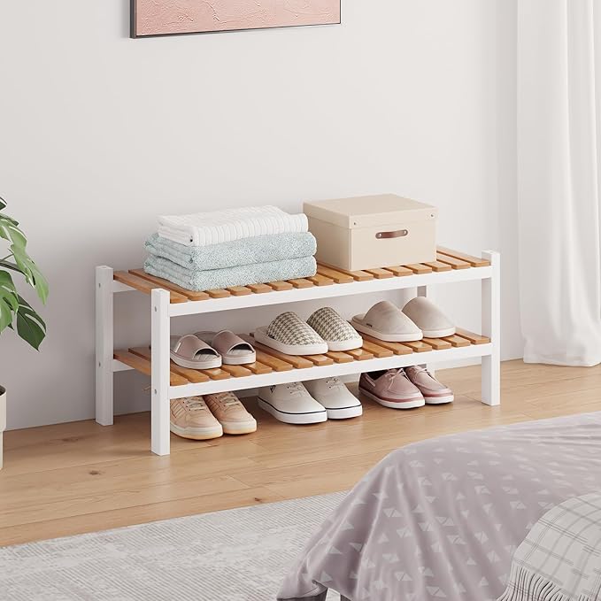 Bamboo Shoe Rack Organizer for Closet and Entryway-Space-Saving Narrow Shoe Stand-Versatile Shoe Holder for Door or Closet Shelf,Garage Bedroom can Freely Stack DIY Small Shoe Racks 2Tier Mixed color