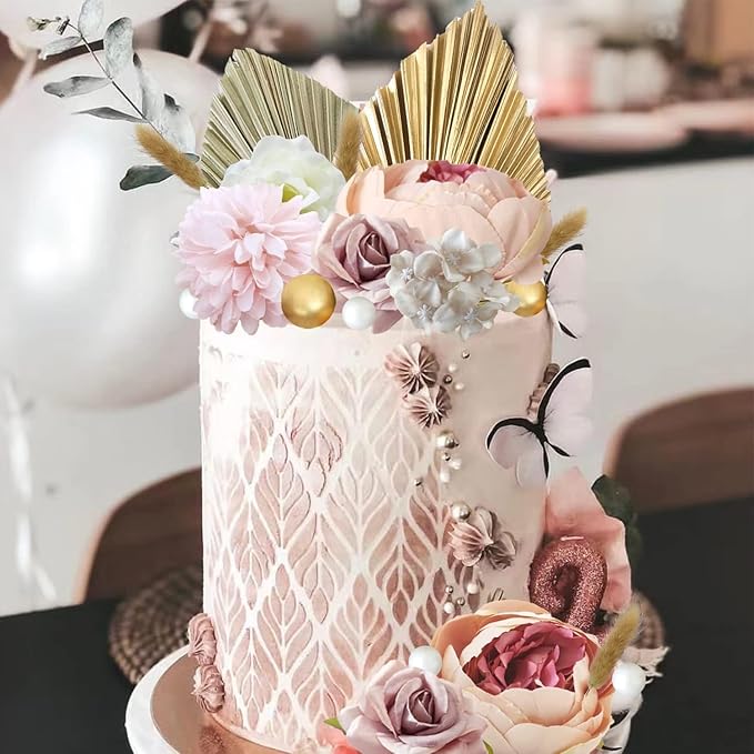 32 PCS Boho Cake Topper Flower Palm Leaves Cake Decorations for Bohemian Wedding Baby Shower Birthday Party Supplies (Boho)