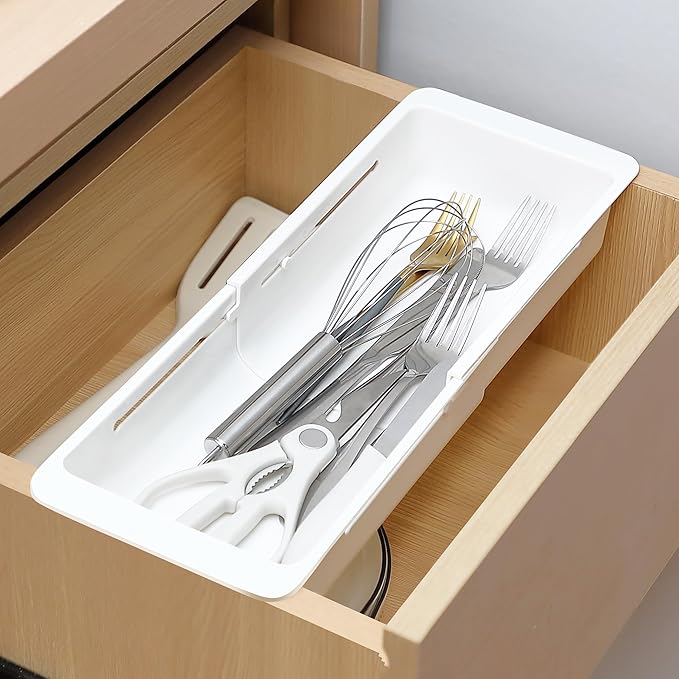 1 Pack Deep Drawer Organizer Bins, Sliding Drawer Organizer Bin Expandable and Adjustable Tray for Kitchen Utensils, Towels, BBQ Tools, Durable Plastic Sliding for Easy Storage (12.4-17.7")