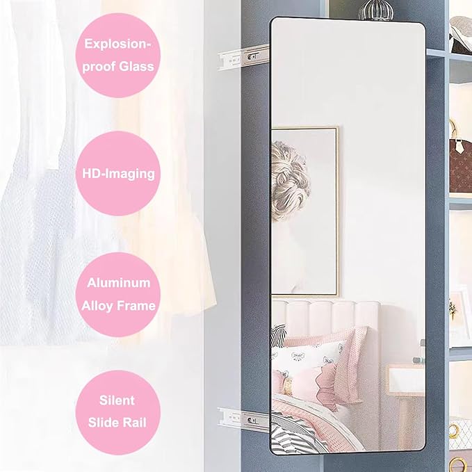 Hideaway Closet Mirror, Retractable Full Length Mirror, 39" x 16" Wall Mounted Mirror, Suitable for Bedroom, Locker Room, Cloakroom