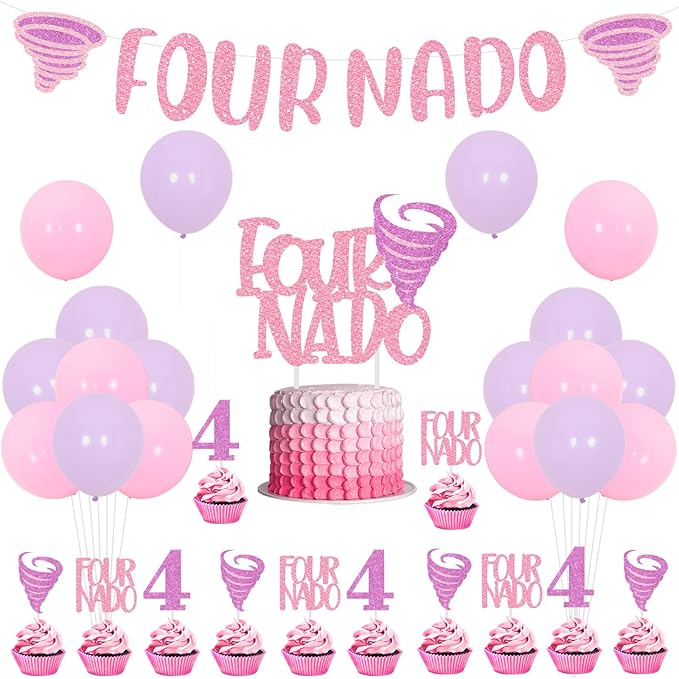Fournado Birthday Party Decorations for Girls Tornado 4th Birthday Party Supplies with Four Nado Banner Cake Cupcake Toppers for Girls Tornado Bday Party Decors