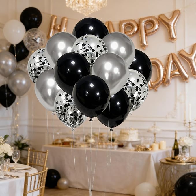 Black and Silver Balloons, 50pcs 12inch Metallic Chrome Silver Latex Balloons with Silver and Black Confetti Balloons for Birthday Wedding New Year Graduation Party Decorations