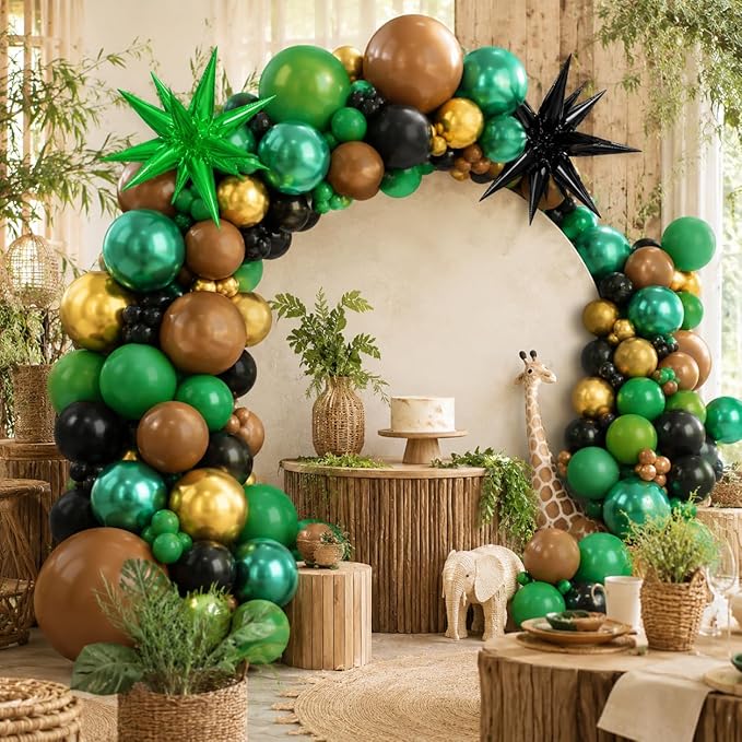Green and Brown Balloons, 12 Inch Jungle Safari Woodland Balloon with Brown Black Dark Green Confetti Balloons Metal Balloon for Video Game Theme Birthday Wild One Party Decorations