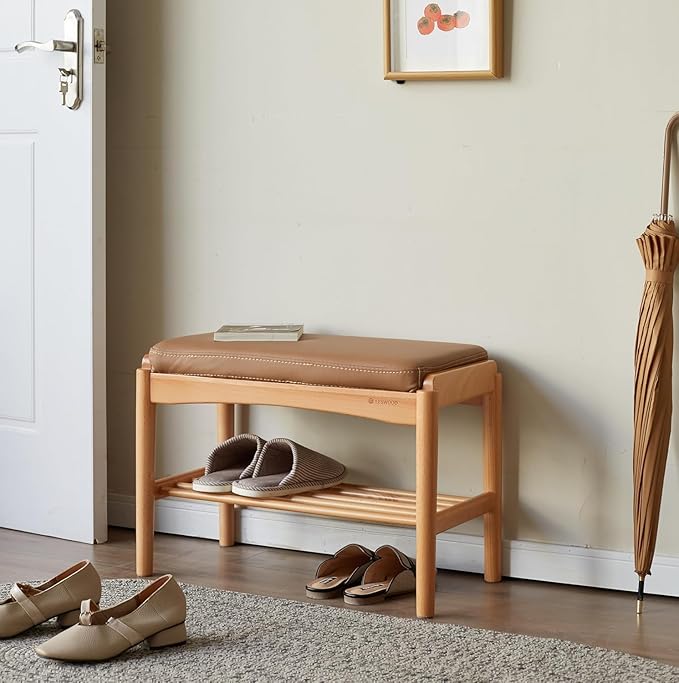 Solid Wood Shoe Bench Assembled, Shoe Rack Bench with Silicone Leather Cushion for Entryway, Living Room, Bedroom, Hallway, 11.8" x 31.5" x 16.5", Natural & Brown