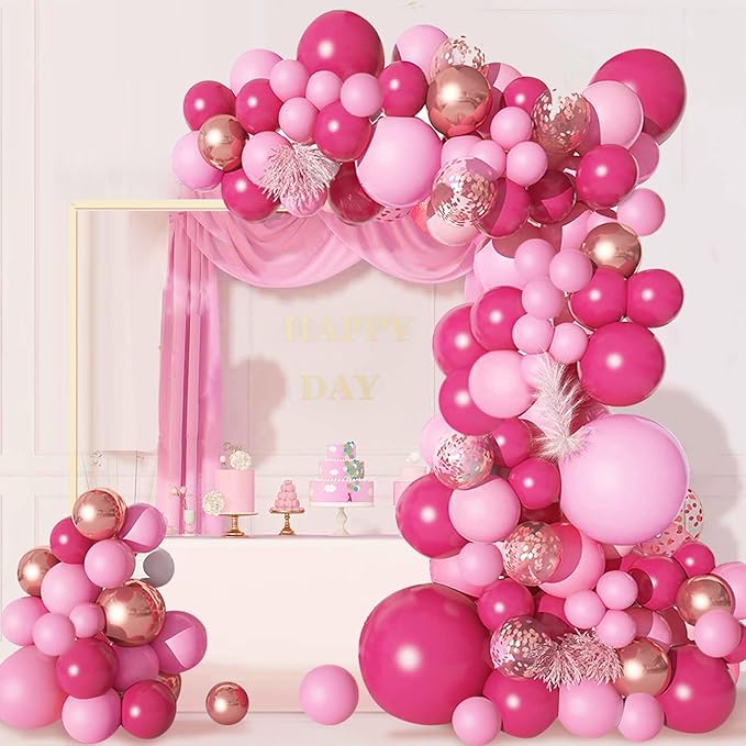 CANREVEL 125Pcs Pink Balloon Garland Arch Kit, Hot Pink Metallic Rose Gold Confetti Latex Balloons for Baby Girl Shower Princess Birthday Wedding Valentine's Party Decorations