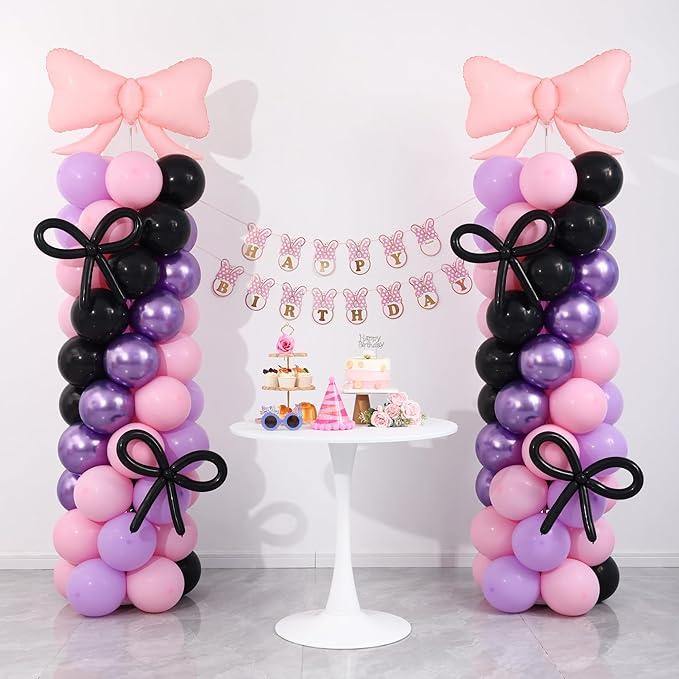 Pink and Purple Black Balloon Column Stand Arch Kit Set of 2 with 140PCS Pink Purple Black and Bows Balloons for Girls Women Baby Shower Princess Birthday Party Supplies