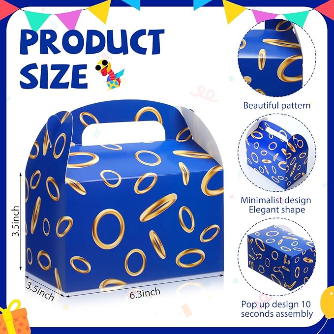 Marspark 36 Pack Blue with Gold Ring Party Favor Treat Boxes with Handles Theme Paper Goodie Candy Gift Gable Boxes for Video Game Birthday Party Decorations(Blue and Golden)