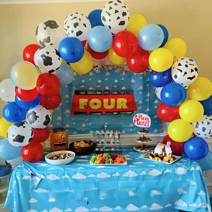 HILAVO Toy Inspired Story Balloons, 12 Inch Cow Print Sky Blue Cloud Balloons Red Blue Yellow Green Balloons for Kids Boys Halloween Birthday Party Farm Themed Party Decorations