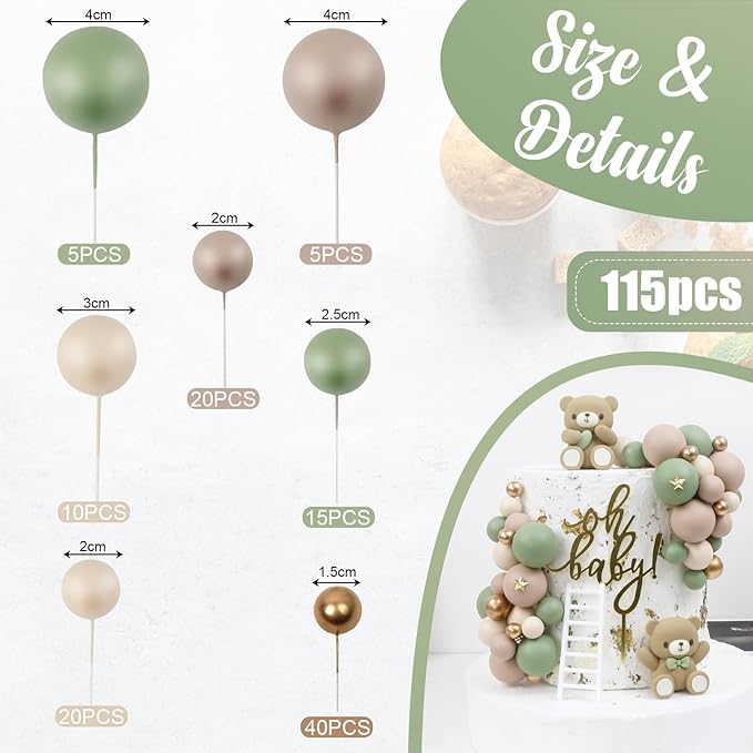 115 PCS Ball Cake Toppers - Mini Balloon Cake Decorations Matcha Green Light Brown Khaki Gold Foam Ball Cupcake Picks DIY Cake Insert Toppers for Baby Shower Birthday Party Wedding