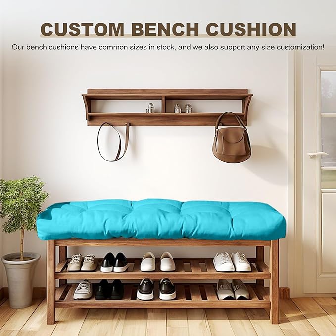 Bench Cushion 45 inches,Indoor/Outdoor Non-Slip Tufted Cushions, Premium Waterproof Linen, Soft Piano Sofa Cushions, Entryway Storage, Bay Window, High-Density Memory Foam(Light Blue-45x18x4in)