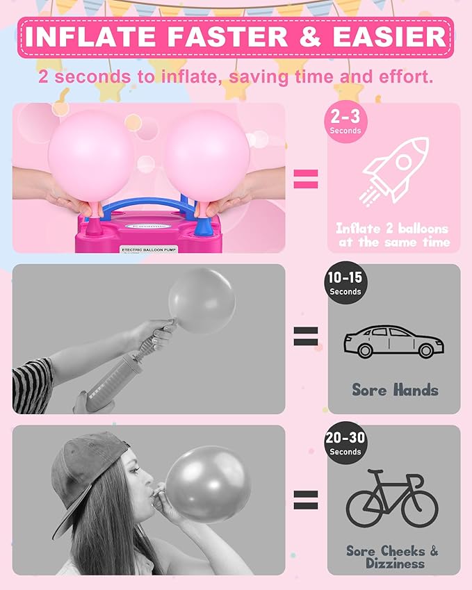 Electric Balloon Pump, Balloon Inflator Machine for Balloons at Home,Quick Inflation Dual Nozzle Balloon Blower Portable Air Balloon Pump Balloons Inflator for Kids Party Decoration (Rose Red)