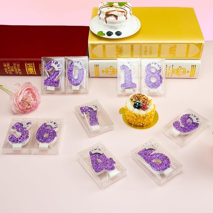 Birthday Number Candles,Purple Crown Birthday Candles for Cake,Glitter Number 4 Candle Cake Topper with Sequins for Anniversary Celebrations Supplies (Number 4)