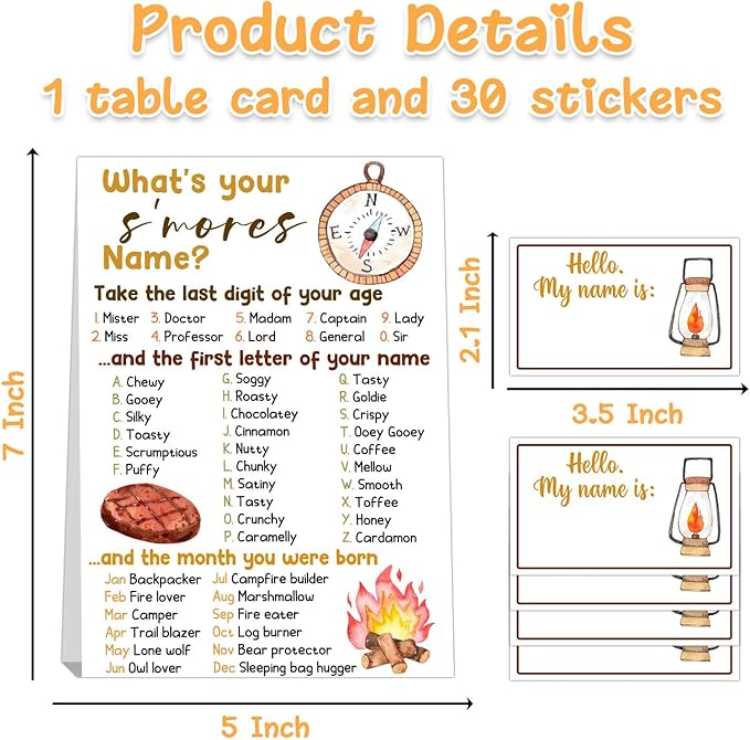 Camp Birthday Party Decoration,Fun Camp Activities for Kids,S'Mores Party Game,Birthday Games for Kids Party,Camping Birthday Party Activity,Camp Themed Party Decoration,What's Your S'Mores Name Game